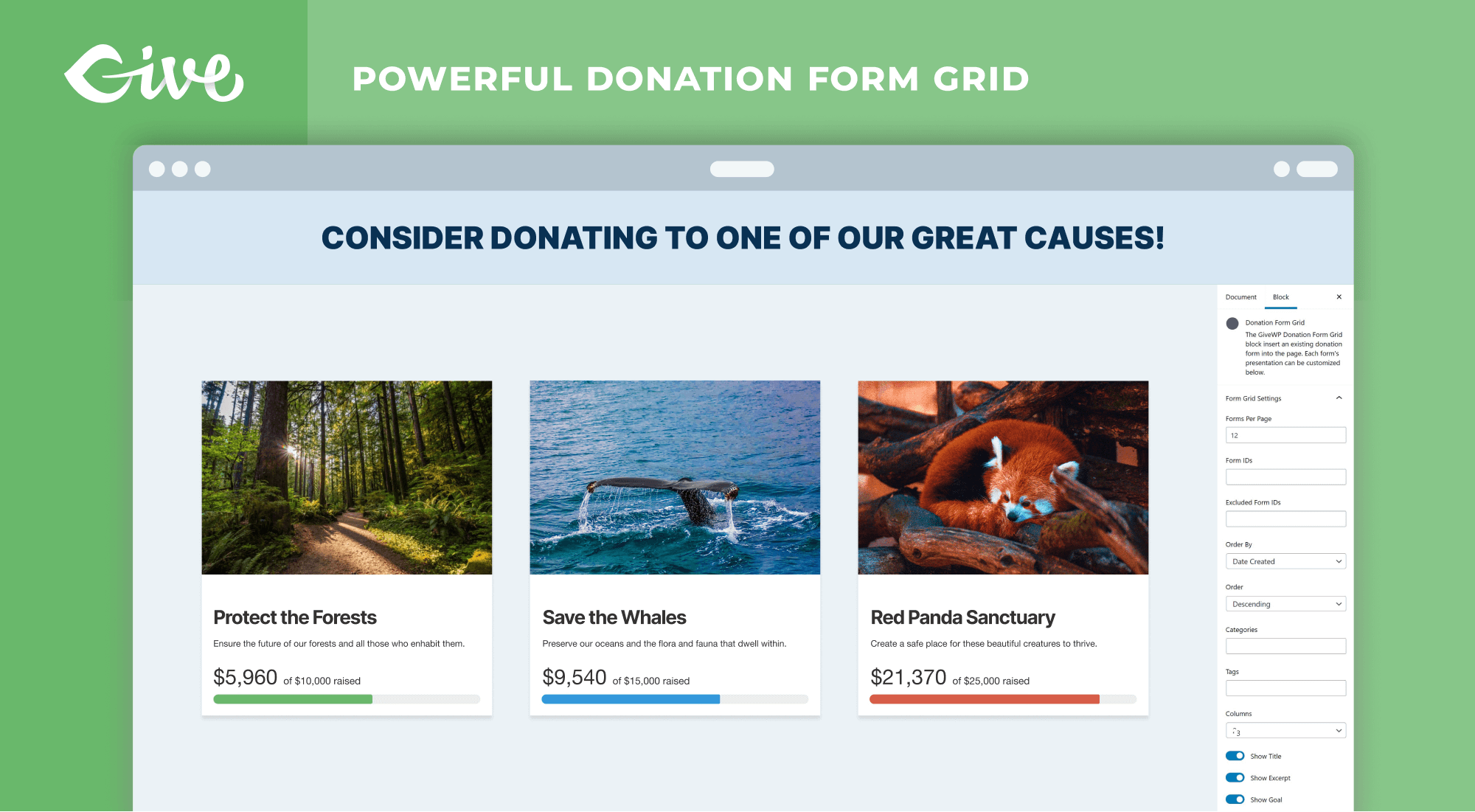 Display you donation forms within a responsive grid on any page to make it easy for your visitors to choose a giving option.