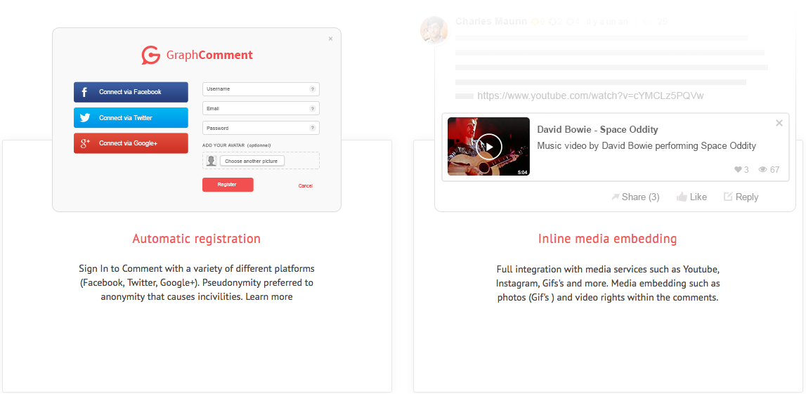 Registration and inline medias embedding features