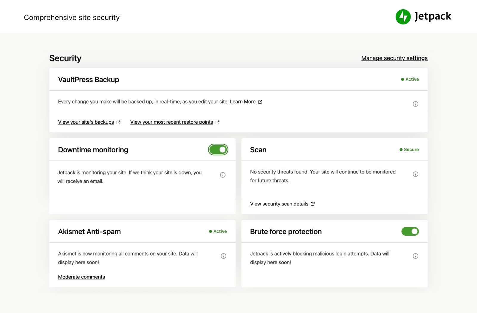 Seguridad de Jetpack proporciona una función de seguridad del sitio de WordPress completa y fácil de usar que incluye copias de seguridad, análisis de malware y protección contra spam.