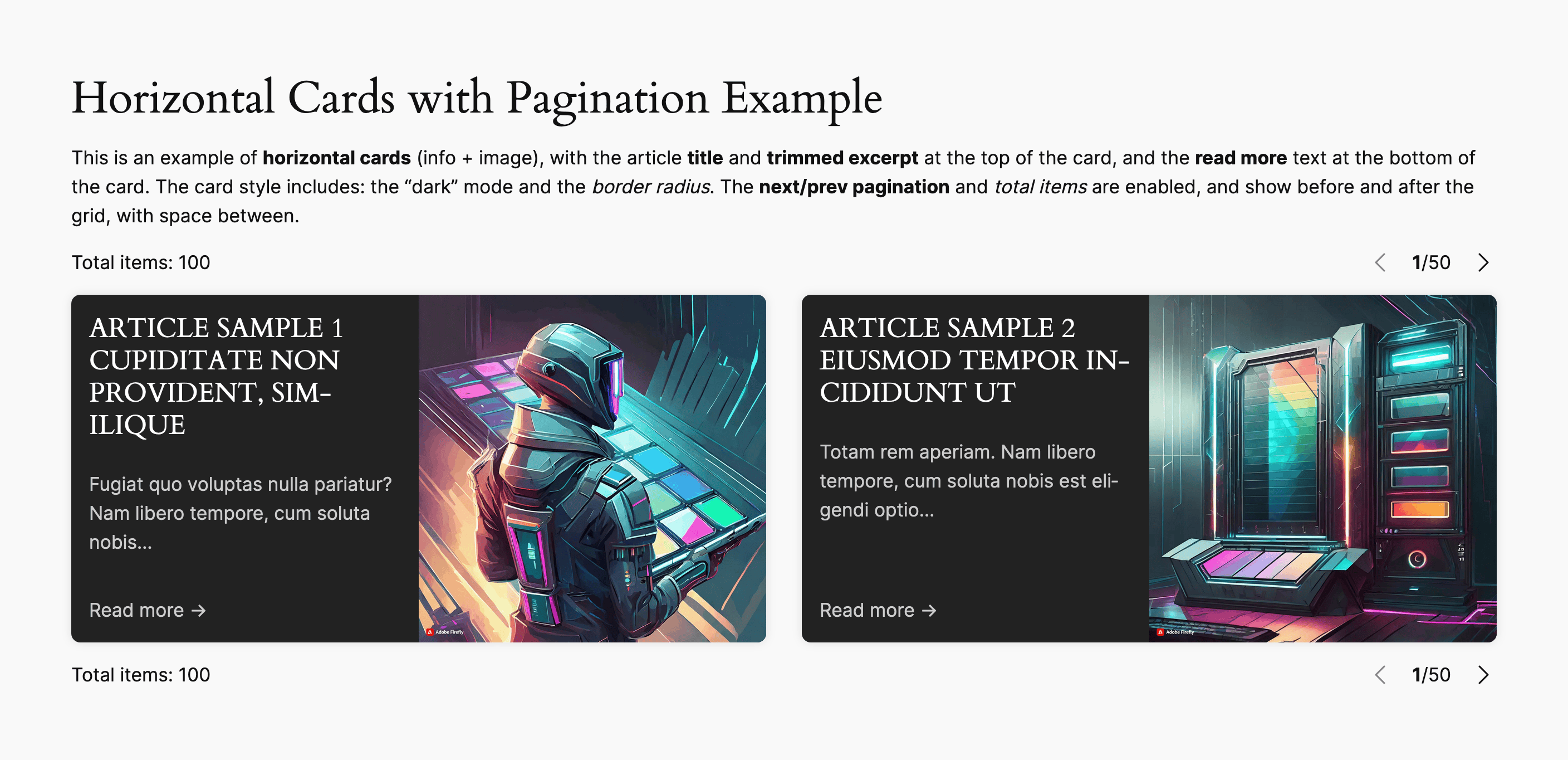Example of horizontal cards (info + image) with prev/next pagination.