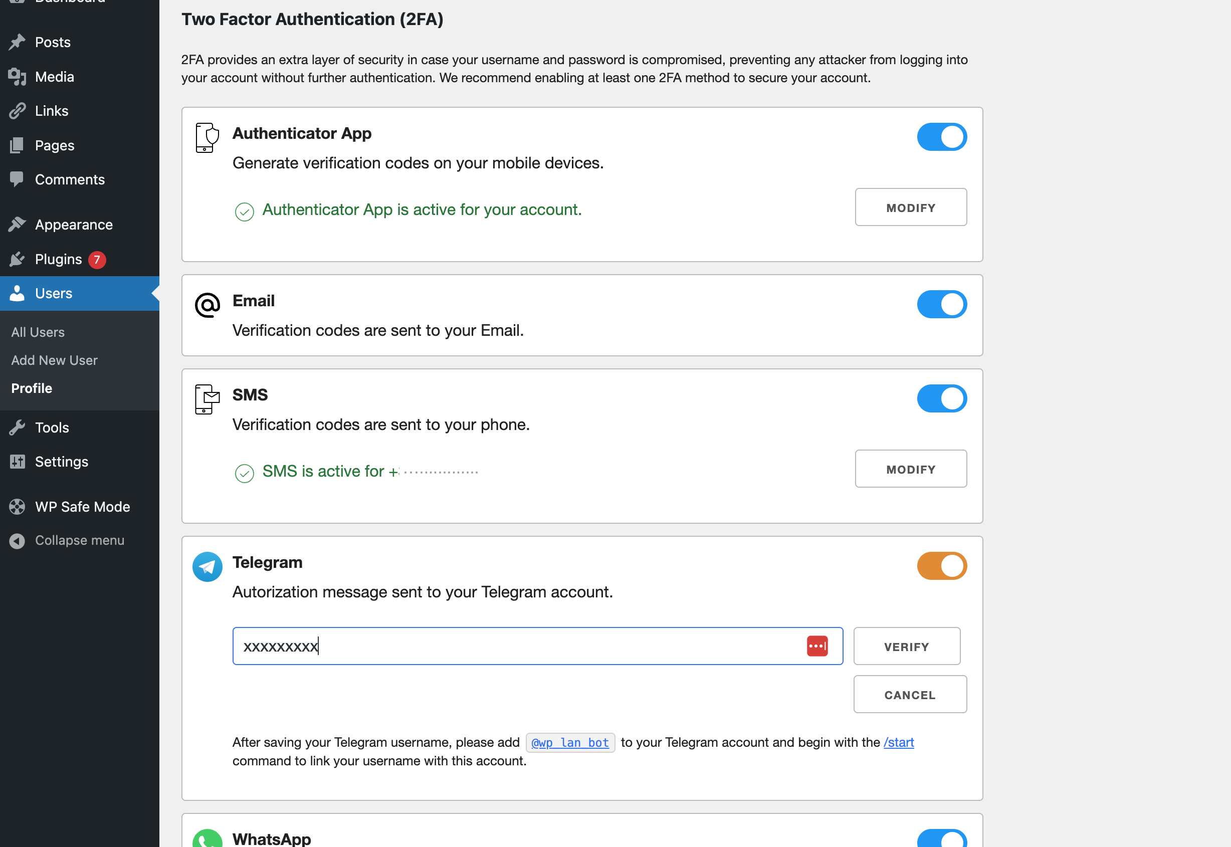 Multiple 2FA options in an easy-to-use setup menu, available in WP profile area, modals and other plugin account pages.