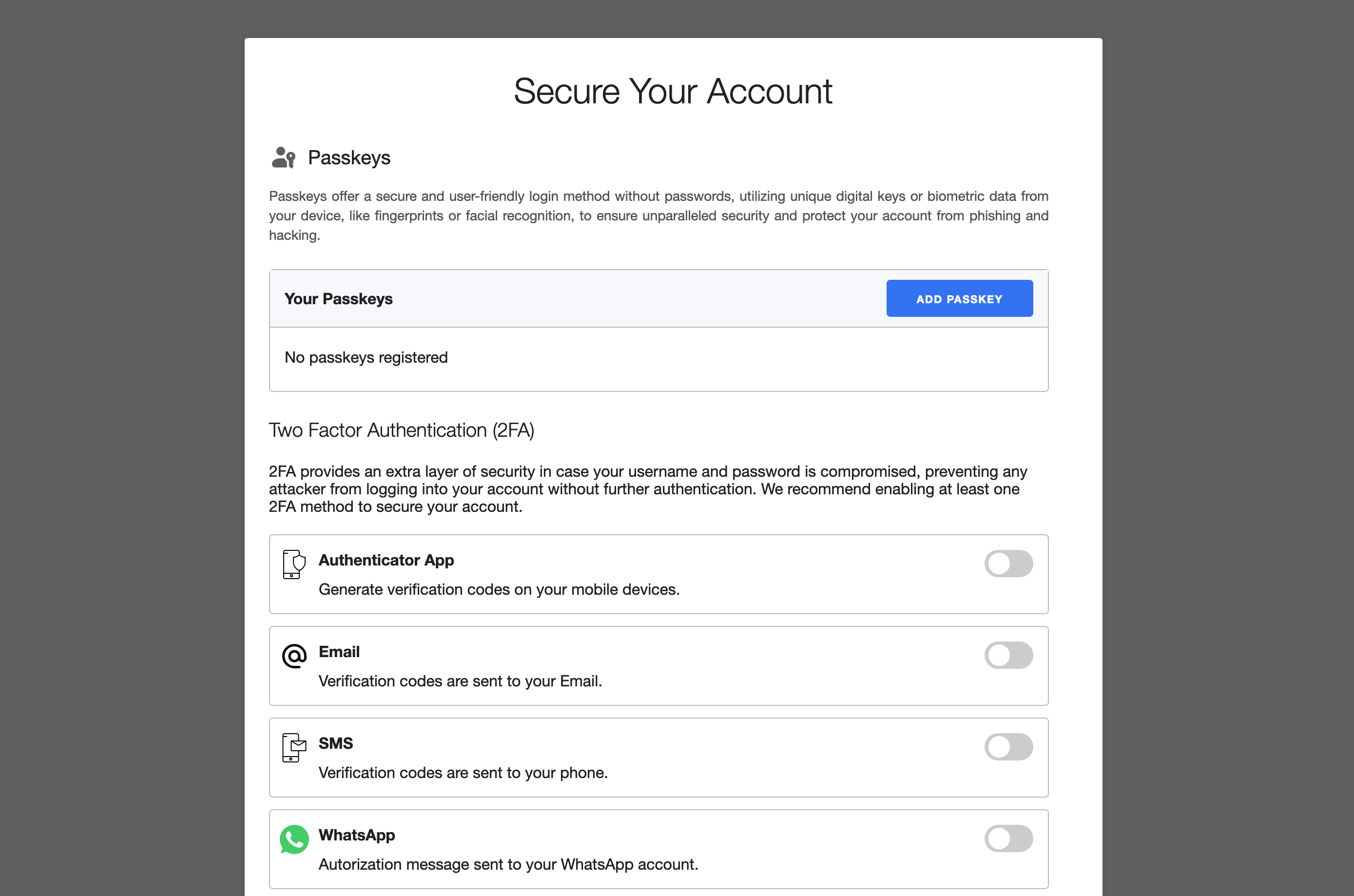 Modal setup with Pro passkeys and WhatsApp enabled 2FA