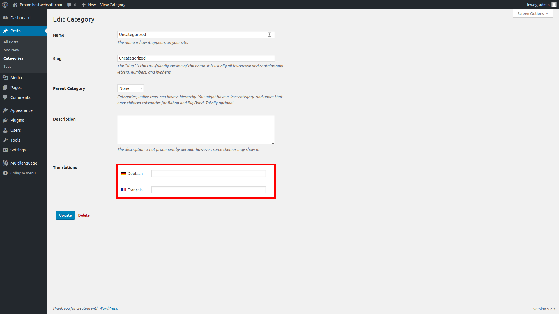 Translation form for editing a category.