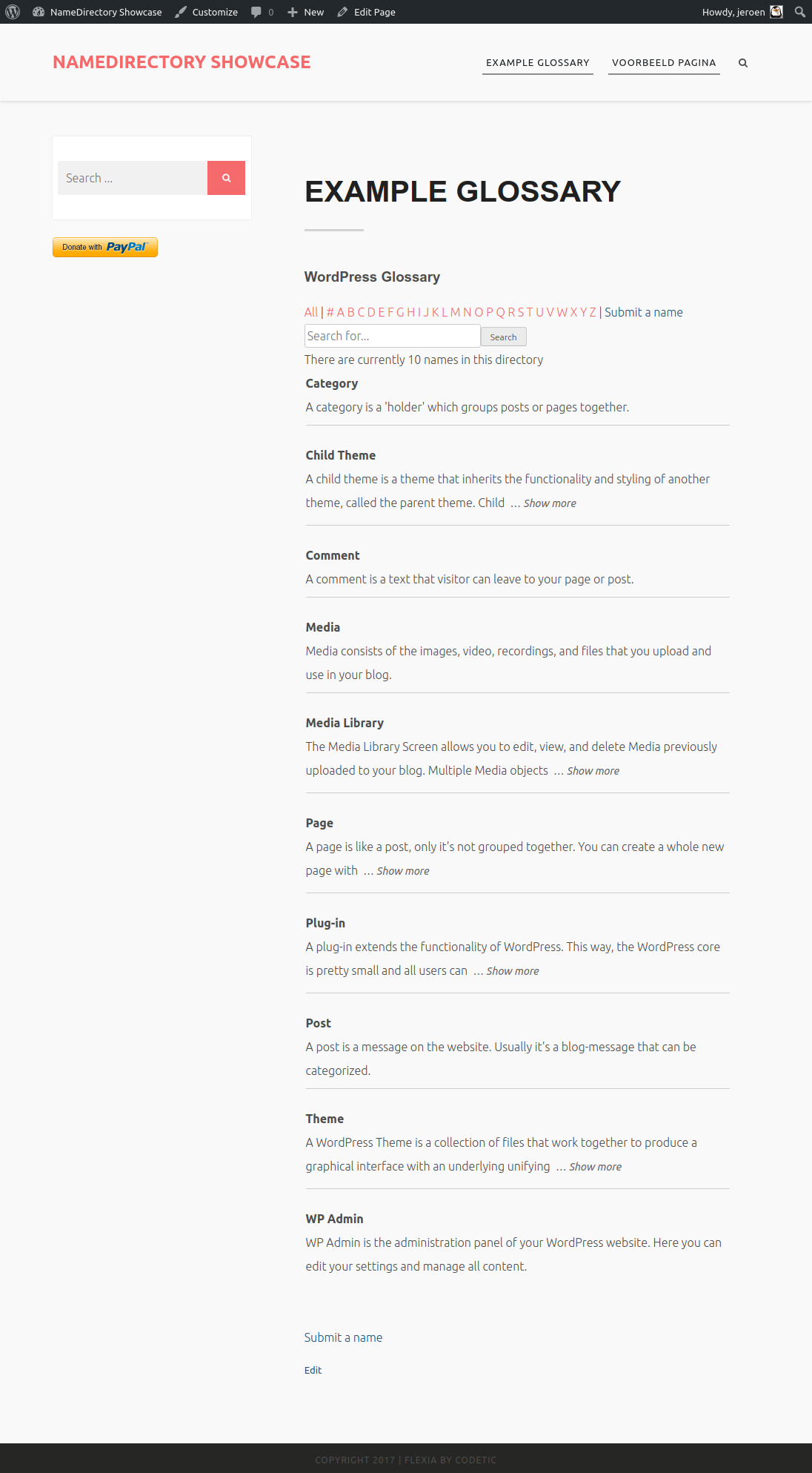 The output of a name directory on a standard WordPress website. It's a full-featured name directory (search form, index links, descriptions and submit button)