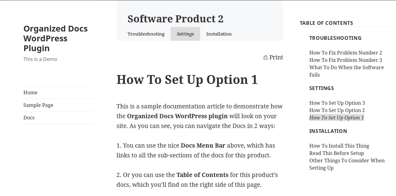 A single Docs article with Table of Contents on 2015 theme