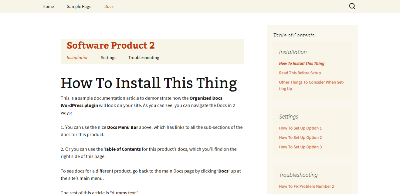 A single Docs article with Table of Contents on 2013 theme