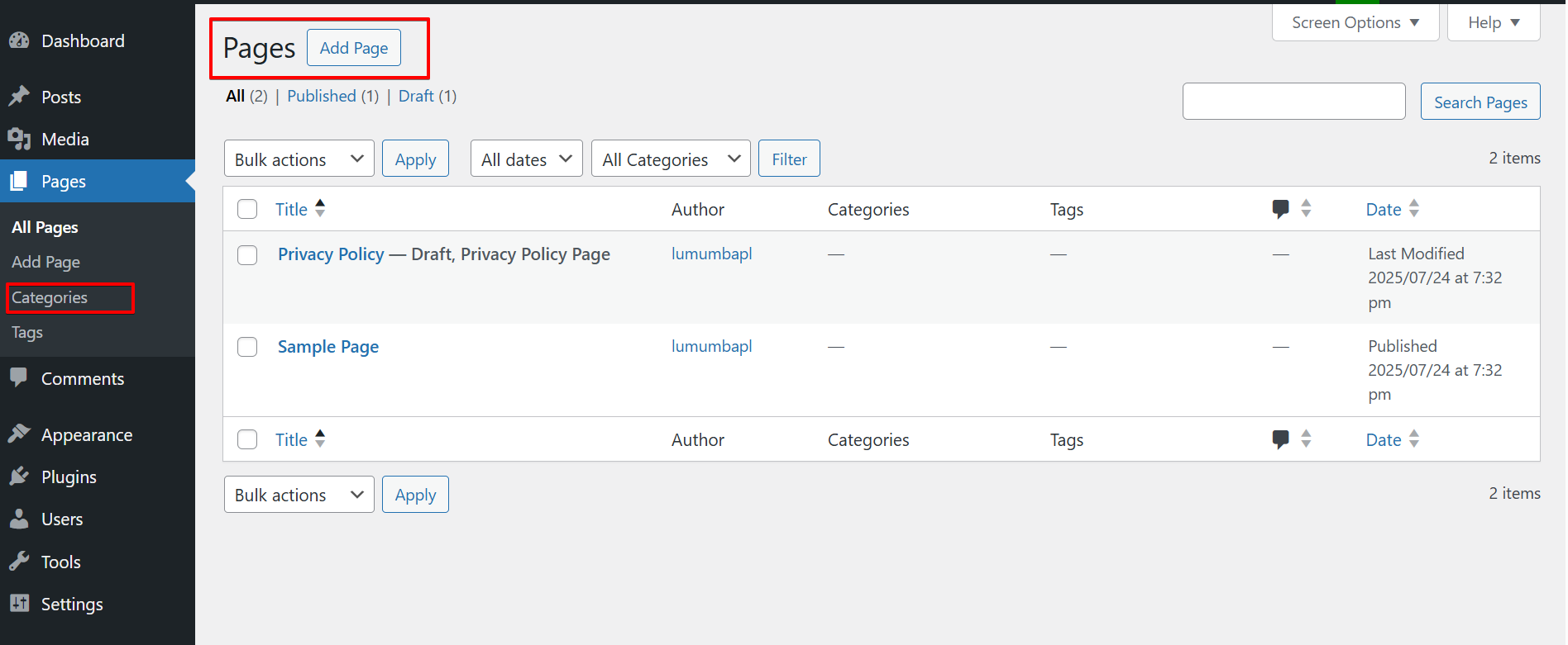 'Categories' link added under Pages link