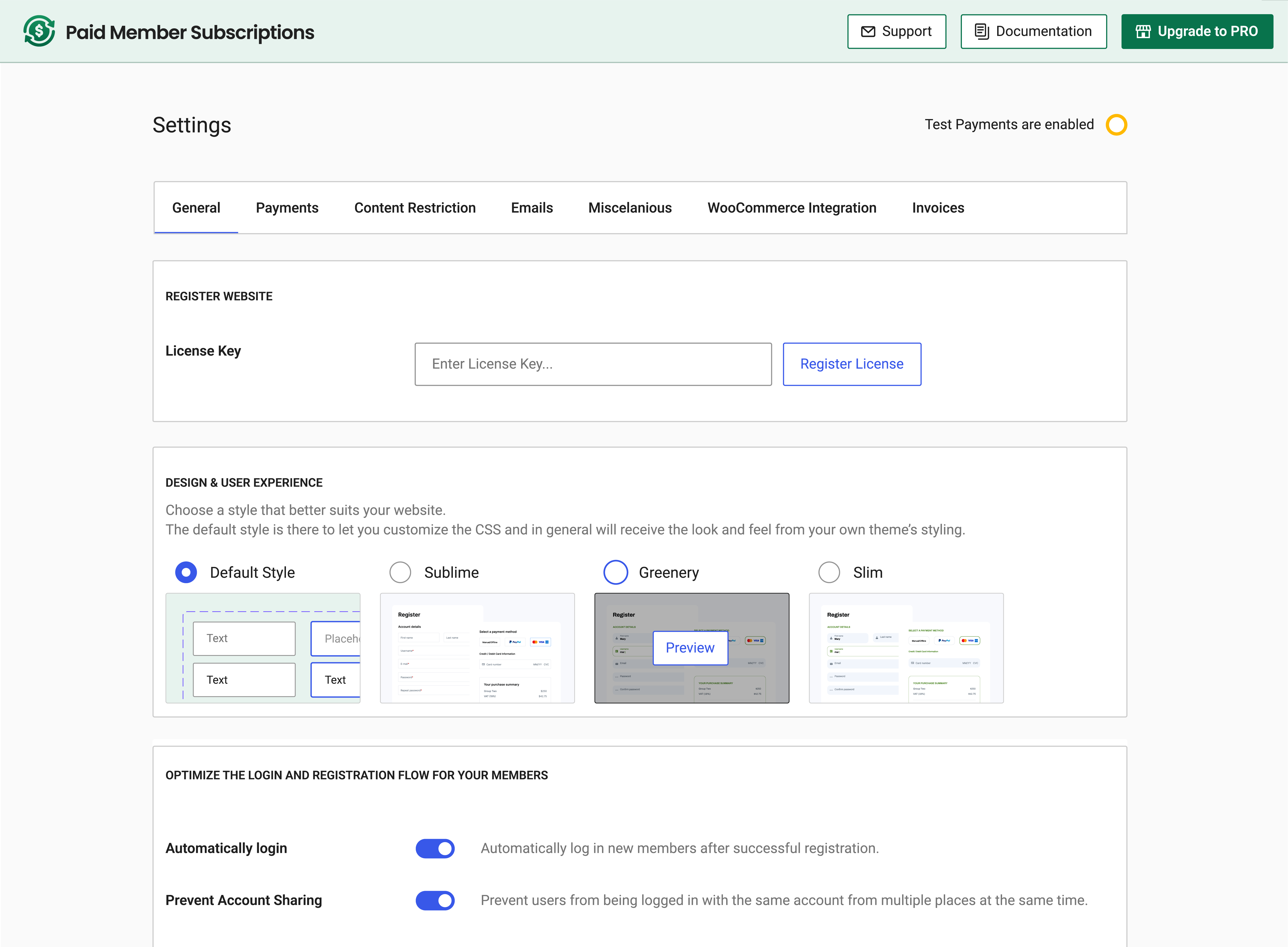 Settings interface - Membership, Recurring Payments, Content Restriction & more