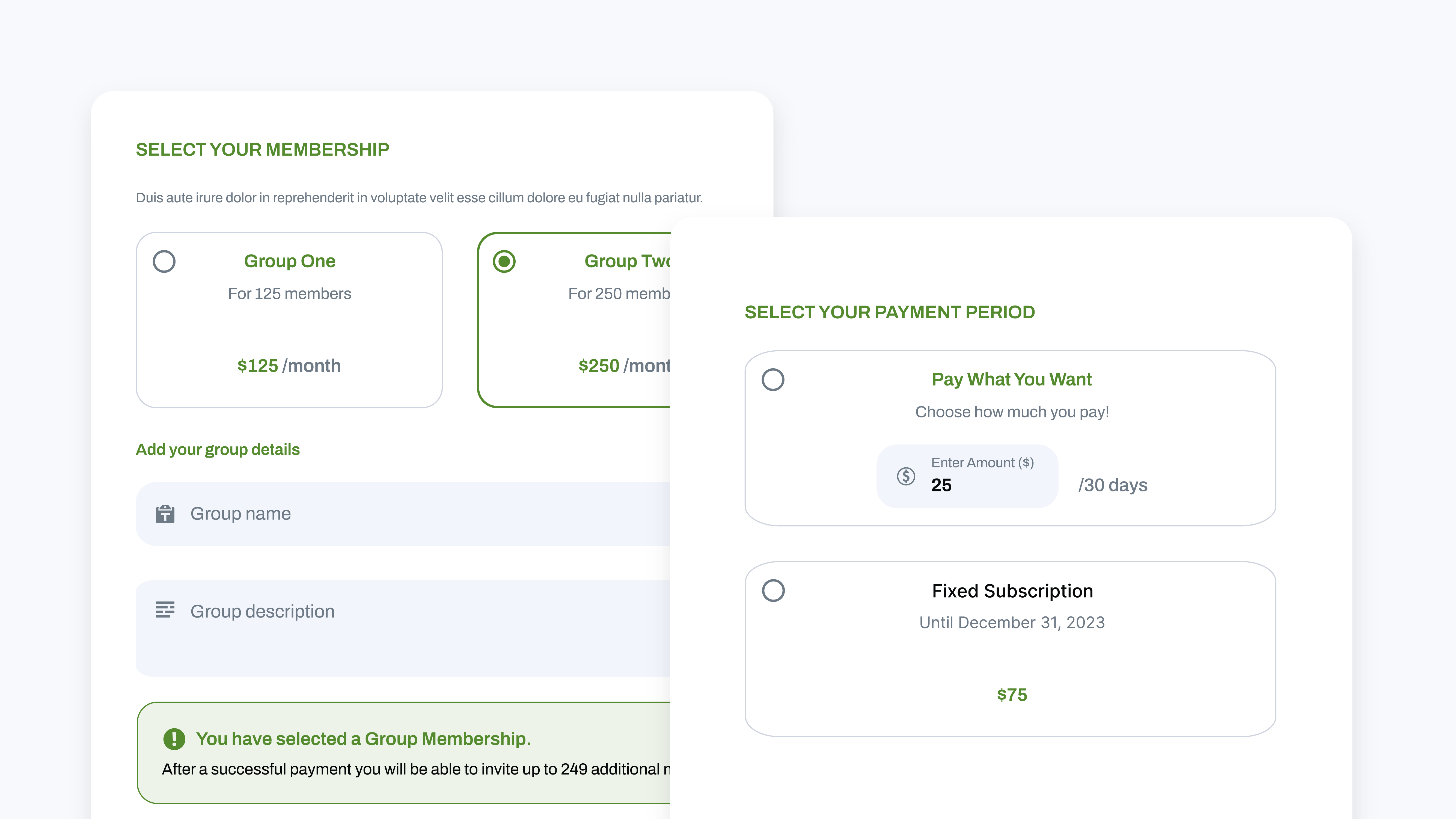 Membership options: Group Memberships, Fixed Period Subscription & Pay What You Want & more
