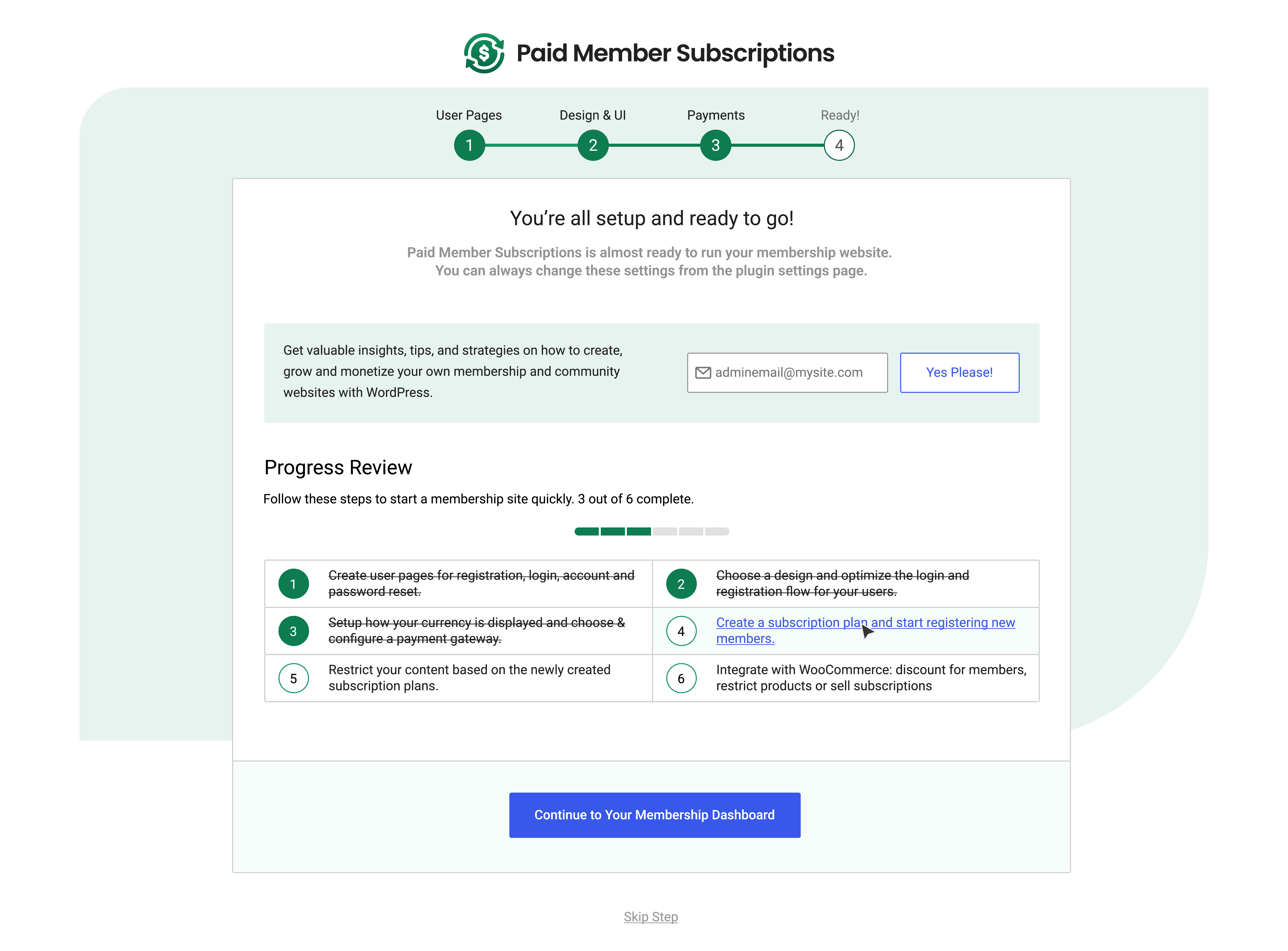 Paid Membership Subscriptions onboarding wizard
