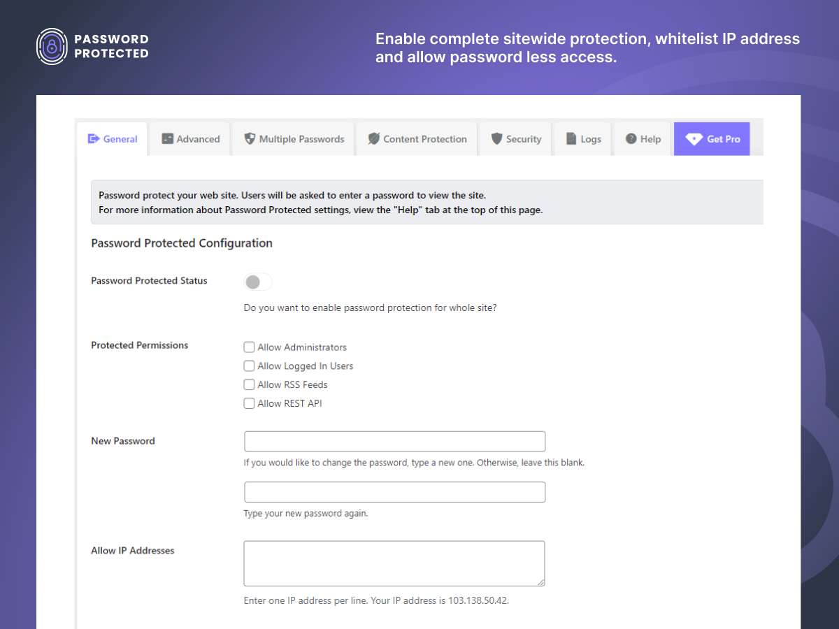 Enable complete sitewide protection, whitelist IP address, and allow passwordless access.
