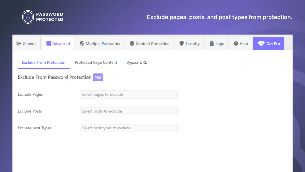 Exclude pages, posts, and post types from protection.