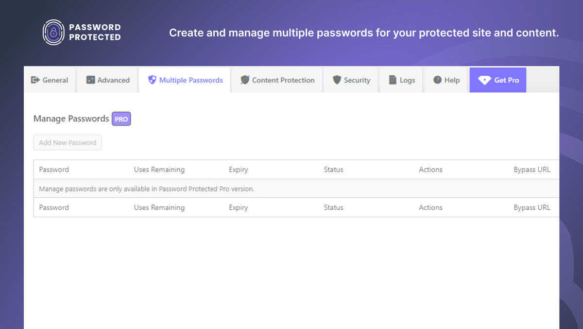 Create and manage multiple passwords for your protected site and content.