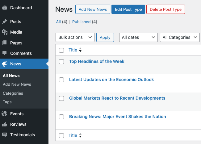 Post Type Page - Fast action buttons are available on each custom post type.