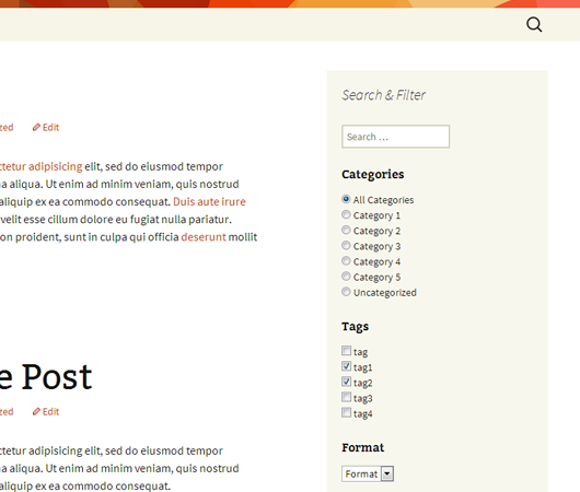 Full example of Search & Filter when used in a widget and with a combination of checkboxes, radio buttons and selects