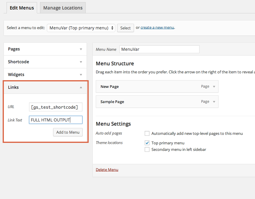 Old Method: If you want to use a shortcode that outputs not just the URL, but complete HTML sections, write FULL HTML OUTPUT in the Link Text option for that link and it will output the complete HTML without breaking your site.