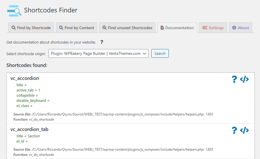 The documentation page helps you to find the shortcode source file, classes and available parameters.