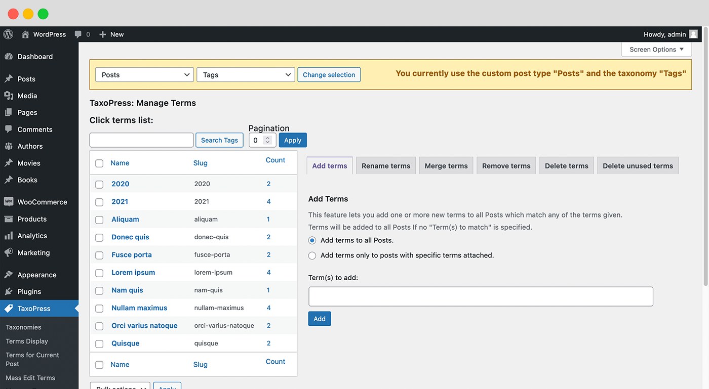 TaxoPress has tools to help you manage terms on a busy site. You can quickly add, rename, remove, delete and even merge terms.