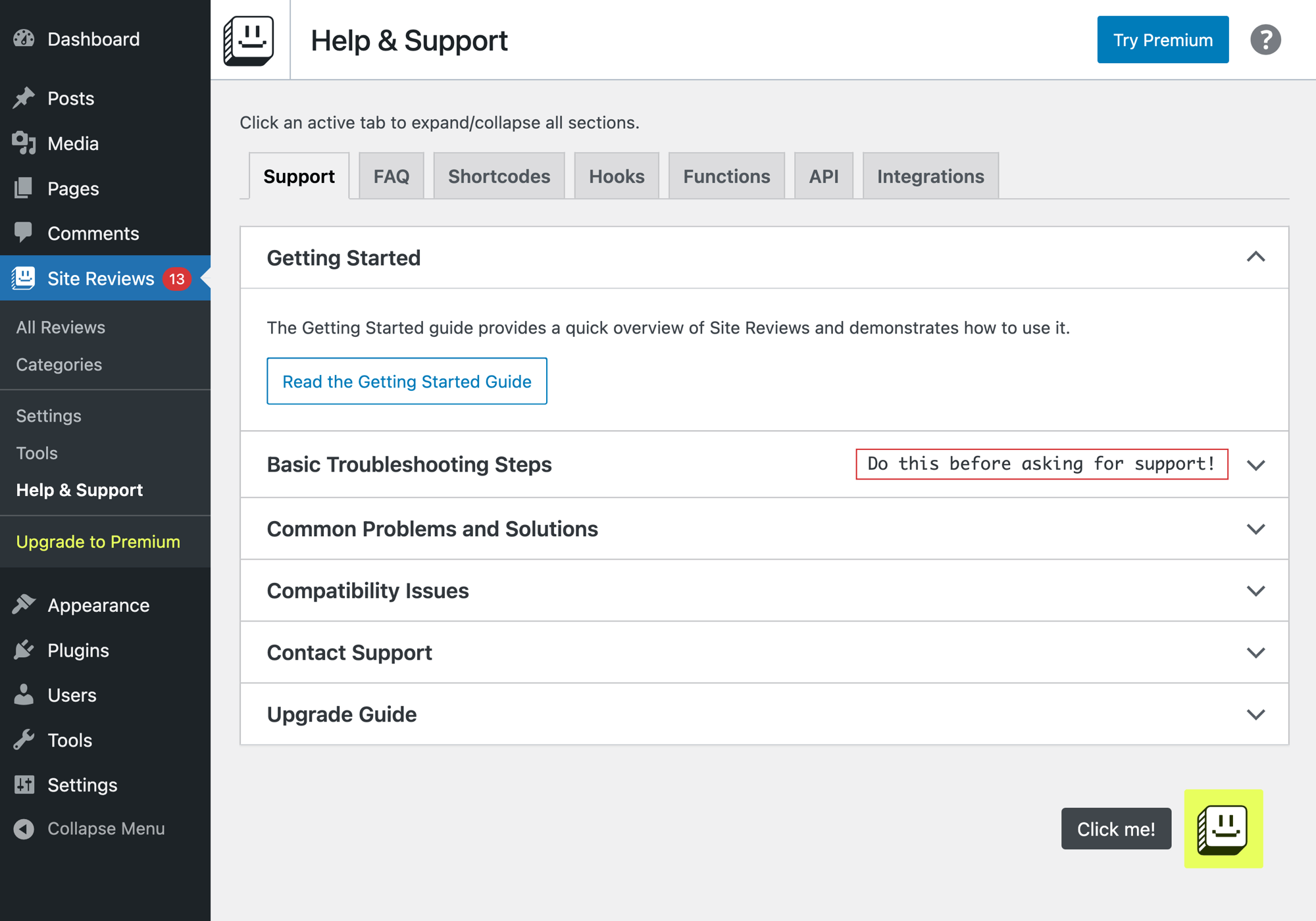Site Reviews provides a Help page with complete shortcode documentation and answers to frequently asked questions.