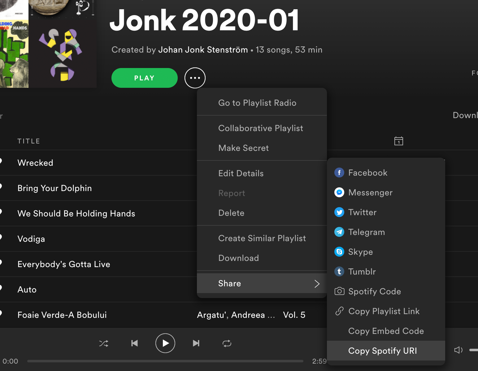 Copy the Spotify URI from the album, playlist or song you want to embed on your site