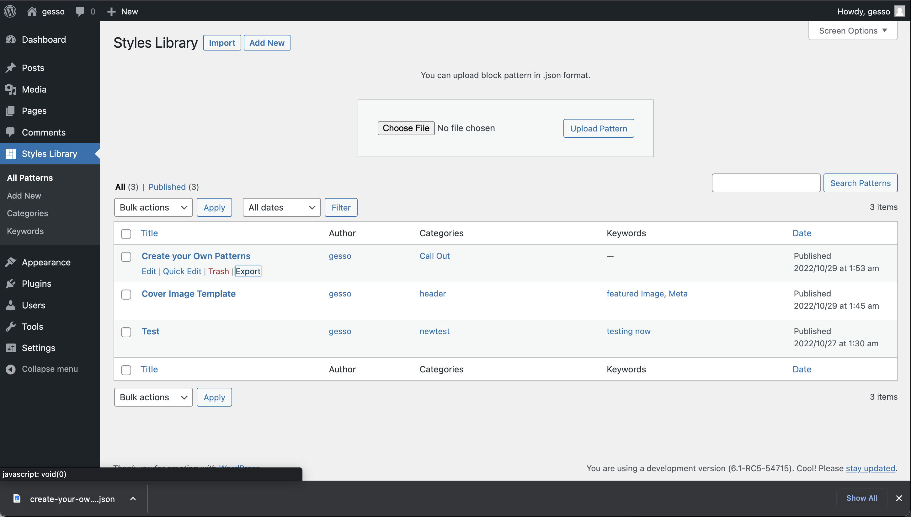 Export your Block Patterns.