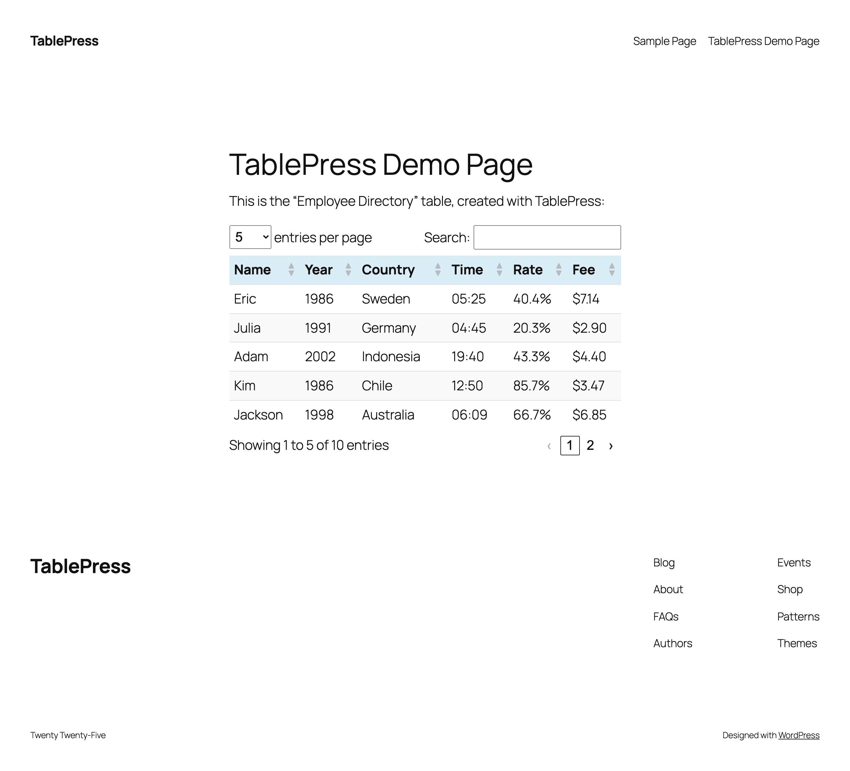 An example table as shown on a frontend page
