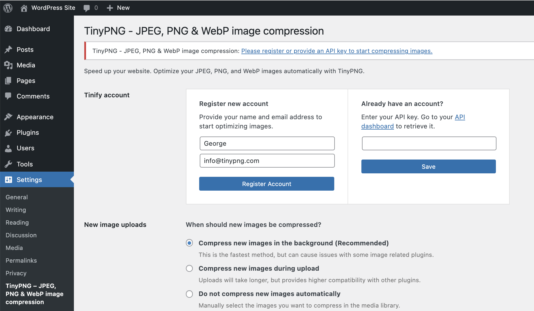 Register a new account or enter your existing API key. Then choose the image sizes to optimize and any other options like resizing and preserving metadata in your original image uploads.