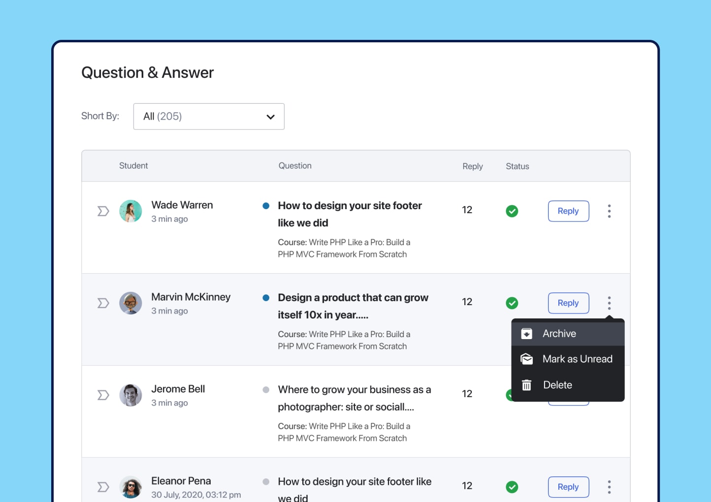 Q&A List: Use the Q&A page to easily manage and filter all queries