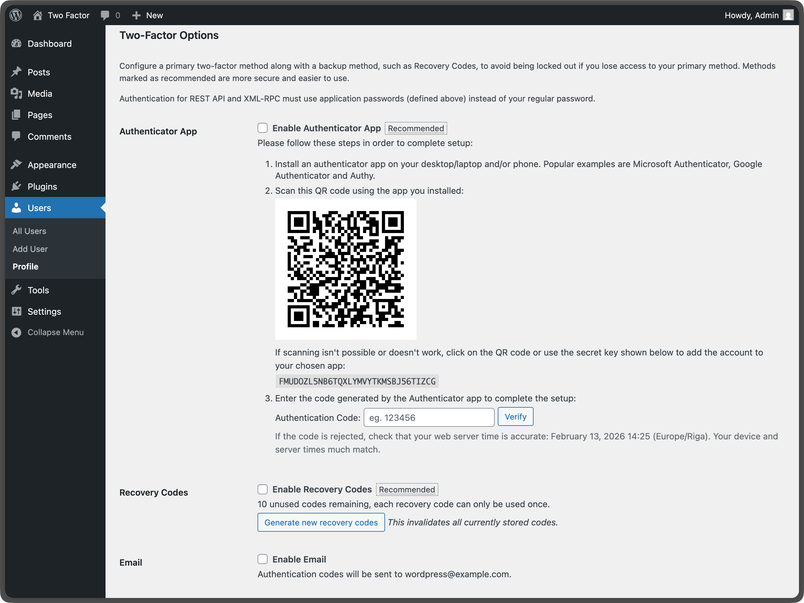 Two-factor options under User Profile - Shows the main configuration area where users can enable different authentication methods.