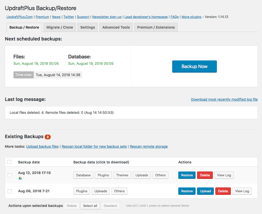 Main dashboard - screenshots are from UpdraftPlus Premium, so may reference some features that are not part of the free version