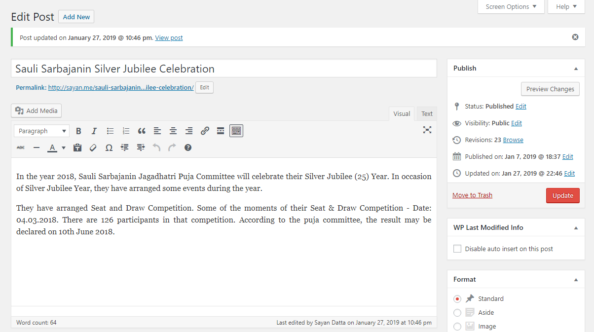 Added last modified/updated info on post/page publish box and in post updated message.
