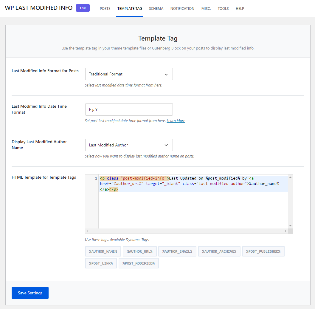 Template Tag Options.