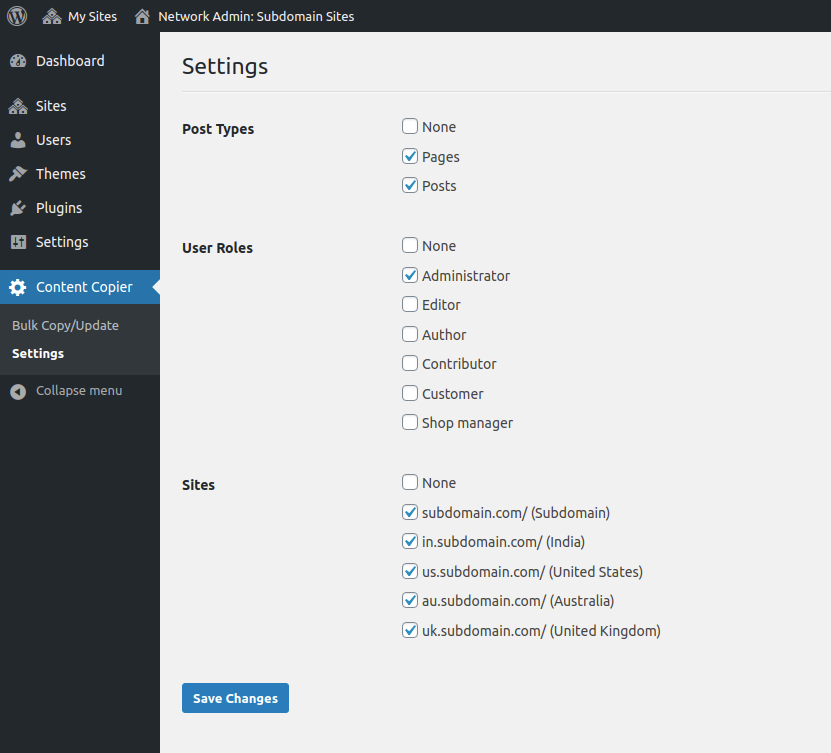Individual Copy/Update: Settings