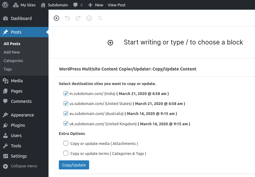 Individual Copy/Update: You can copy/update individual posts/pages (public, private and future) from one site to the other sites.