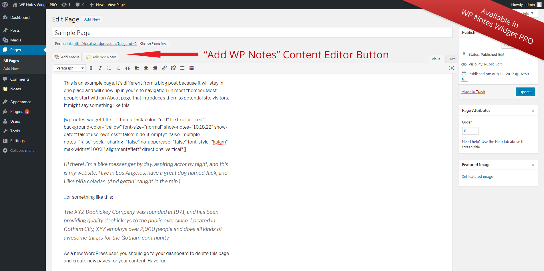 (Available in PRO) Add notes to posts and pages with the "Add Notes" button above the editor