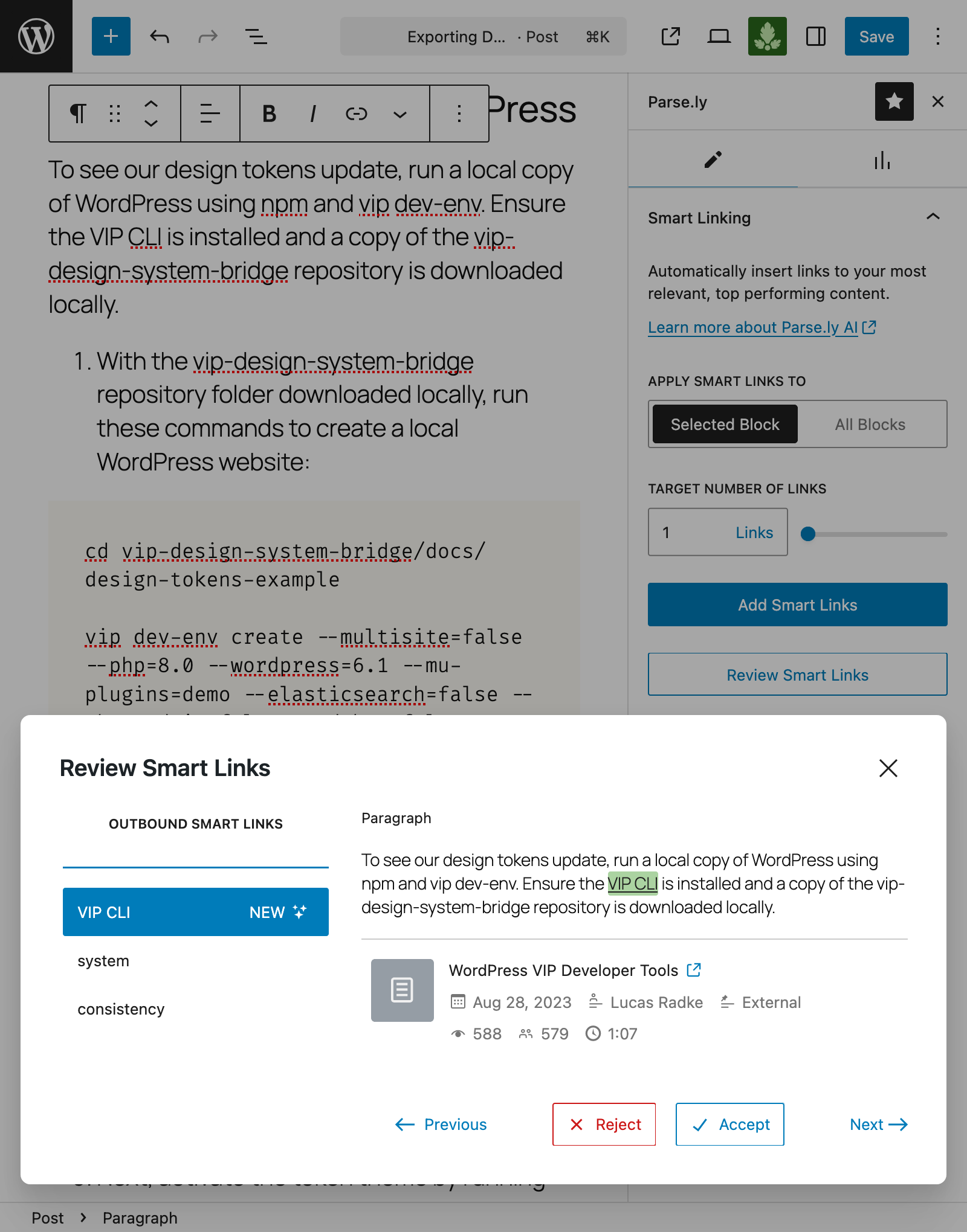 The Parse.ly Editor Sidebar, featuring the Smart Linking panel.