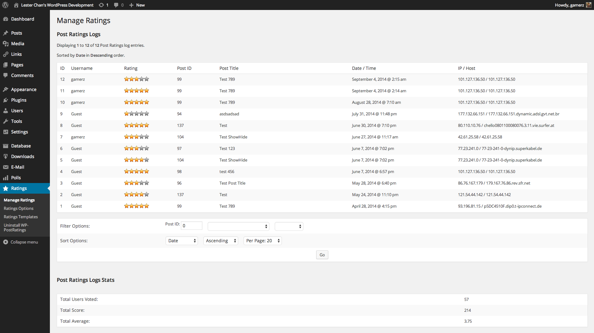 Admin - Ratings Log Top