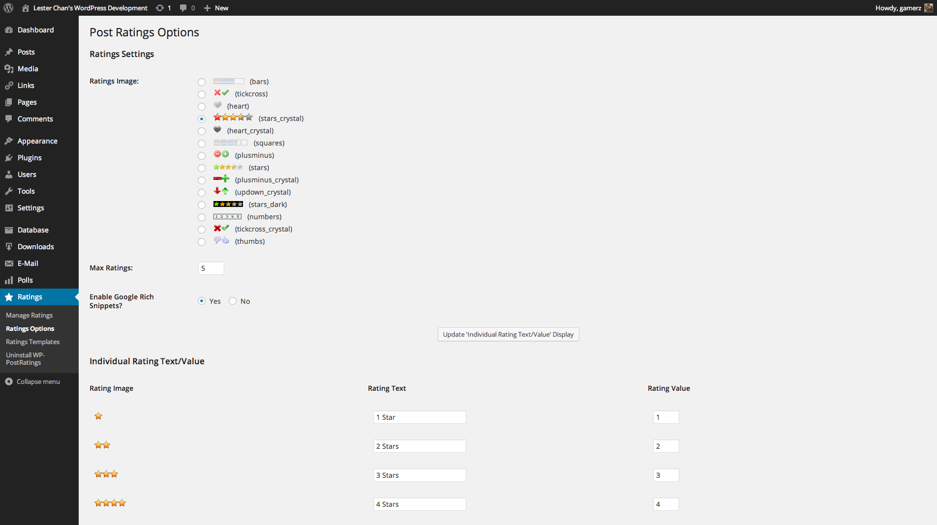 Admin - Ratings Options