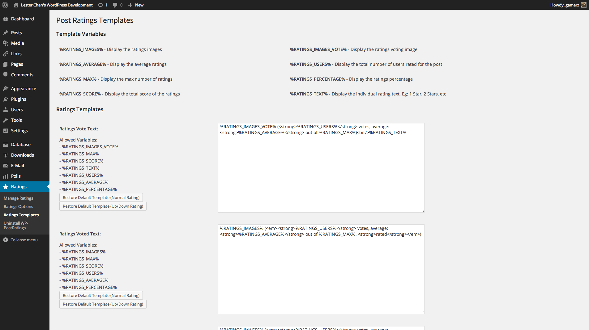 Admin - Ratings Templates