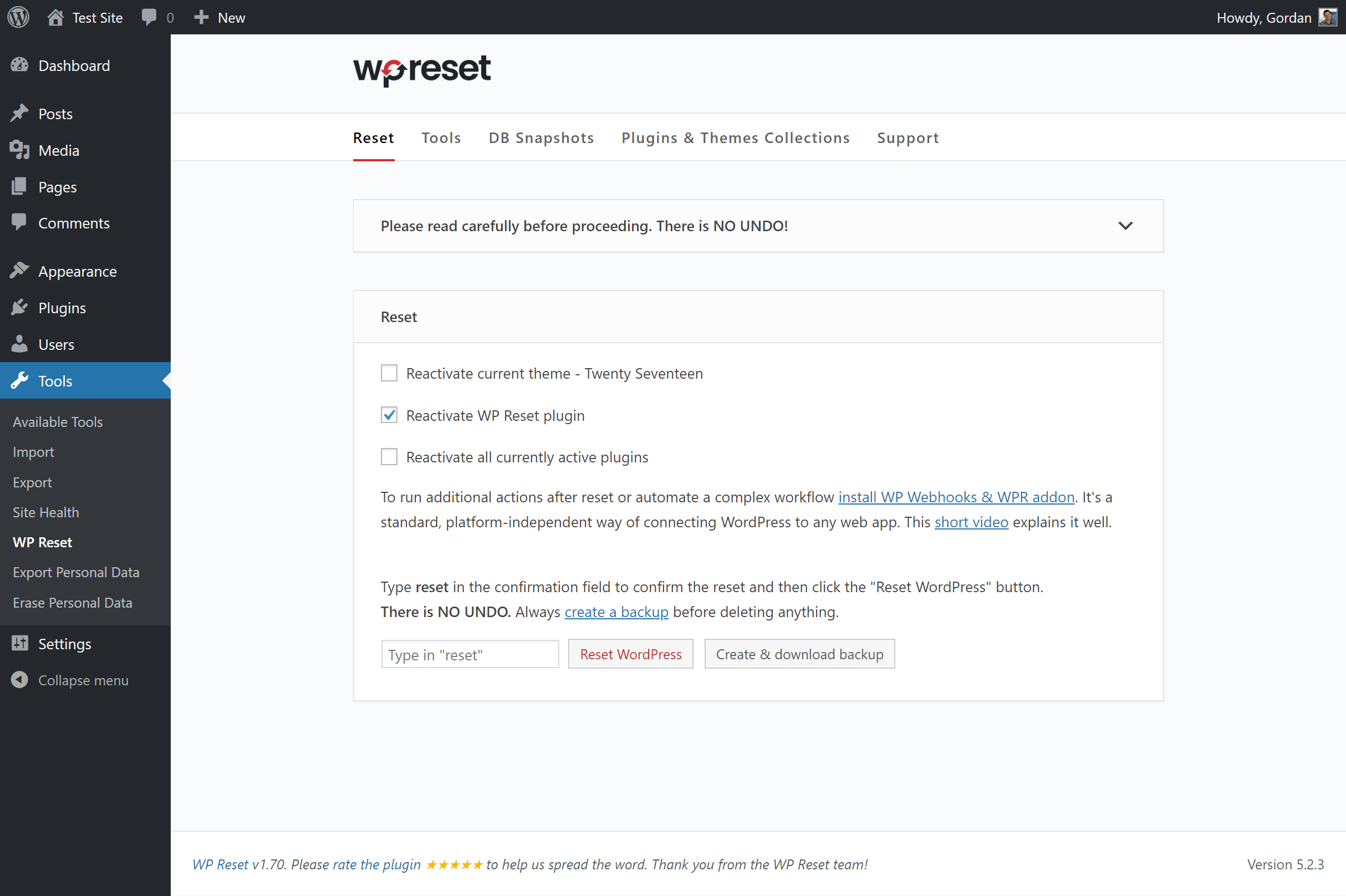 WP Reset - main reset page