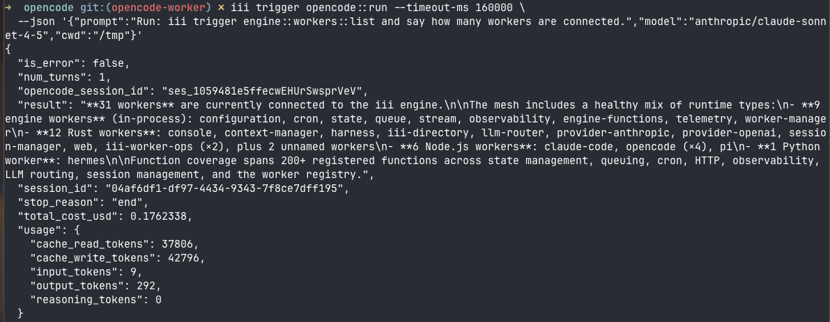 opencode::run enumerating the workers connected to the engine by running iii trigger engine::workers::list