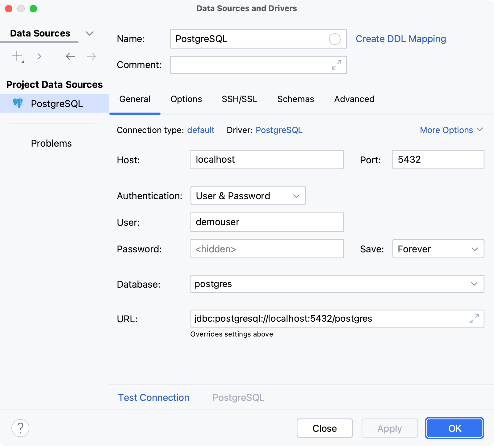 Data source with connection details for a PostgreSQL database Data source with connection details for a PostgreSQL database
