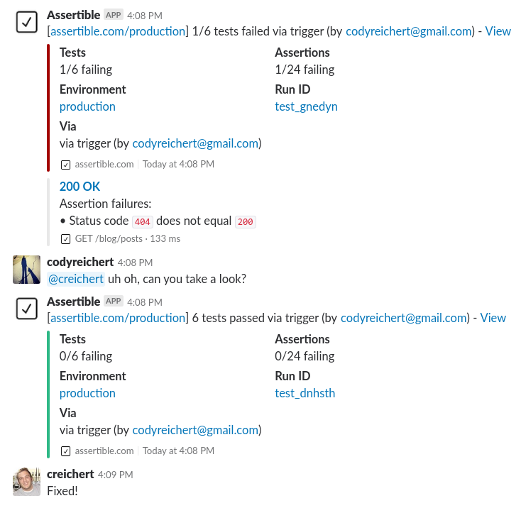 Get Slack alerts when tests fail or become healthy Assertible and Slack integration
