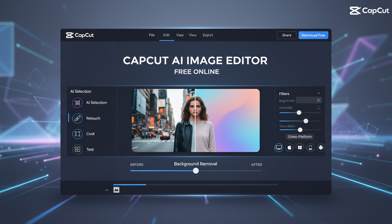 Before/Afterの背景除去機能を備えたCapCutAIイメージエディタの無料インターフェースを示すヒーローバナー