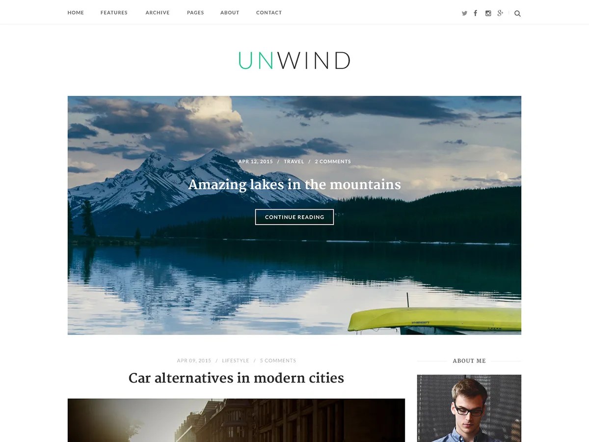 Unwind WordPress theme preview showing a clean blog layout with featured images and sidebar
