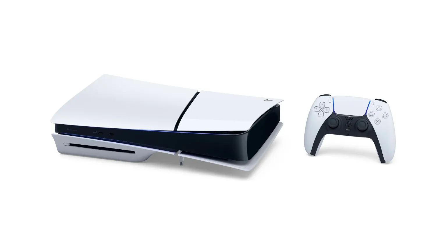 A horizontal PlayStation 5 and a DualSense wireless controller