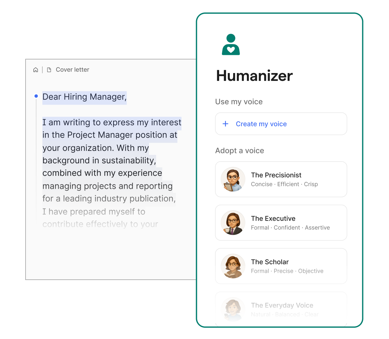 A person using Grammarly's humanizer to help with a cover letter