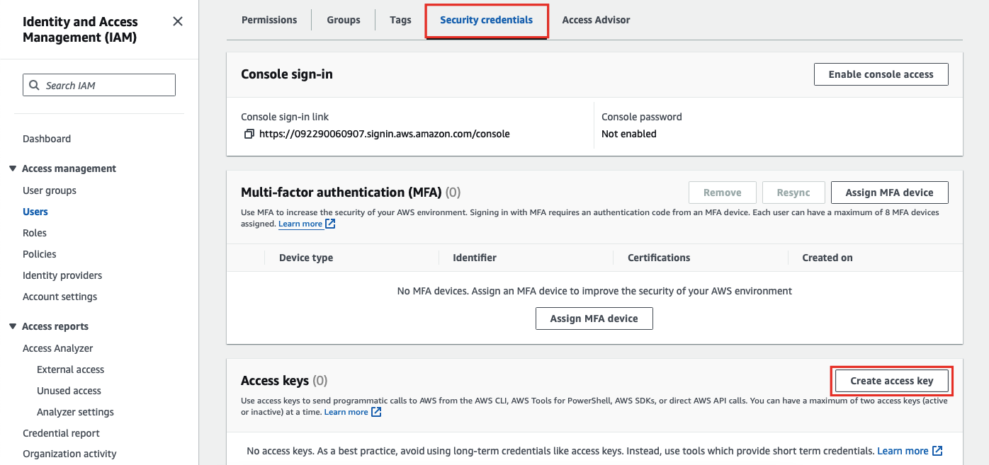 AWS IAM user Security credentials tab with the Create access key button highlighted
