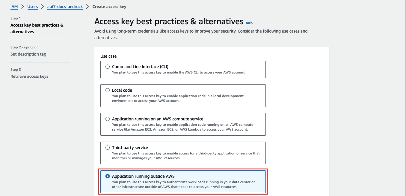 AWS IAM Create access key wizard, Step 1, with Application running outside AWS selected as the use case