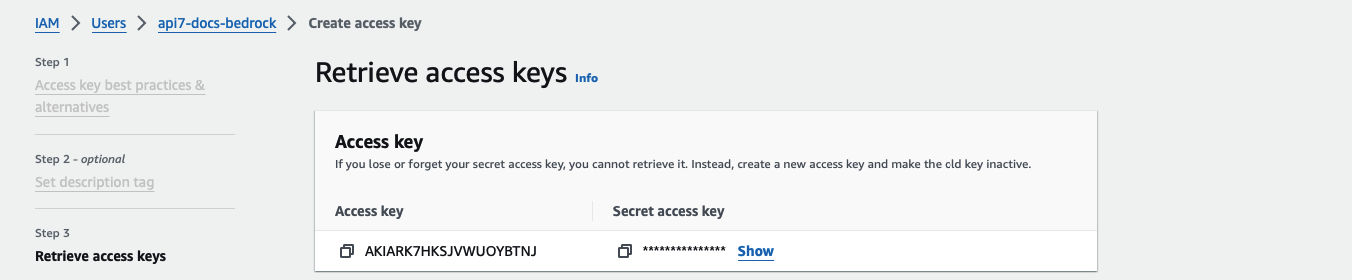 AWS IAM screen showing the generated access key ID and secret access key